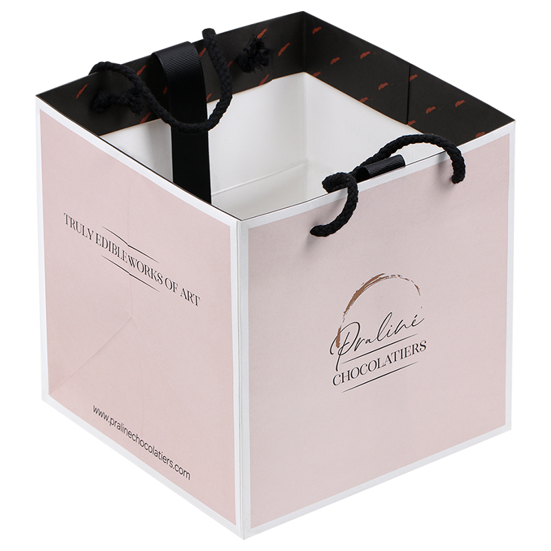 Impressão de logotipo personalizado de luxo quadrado rosa moda compras sacos de papel de presente de varejo com alça de fita