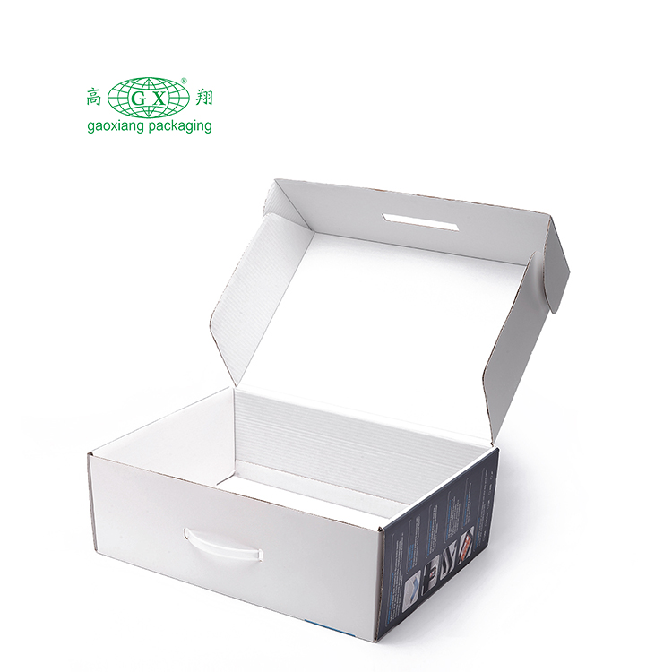 Embalagem de papel reciclado de produto eletrônico personalizado caixa de papelão ondulado branco com alça de plástico