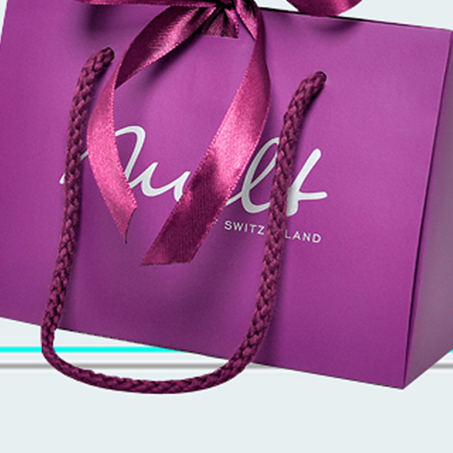 Saco de papelão impresso com logotipo completo roxo personalizado de luxo com alça de laço de fita para caixas de compras de presentes